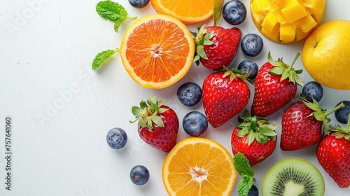 Fresh mixed fruits with mint on white background. Healthy eating concept.