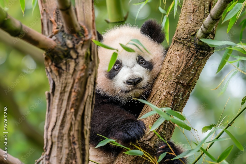 Panda lying on branch