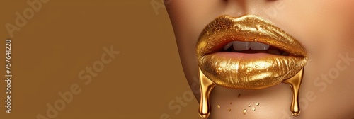 Golden makeup drips on model with metallic skin, lip gloss, gold paint smudges, copy space for text