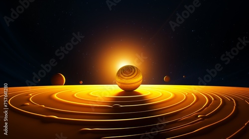 A 3D illustration of a golden Bitcoin coin at the center of a solar system with other cryptocurrencies orbiting around it
