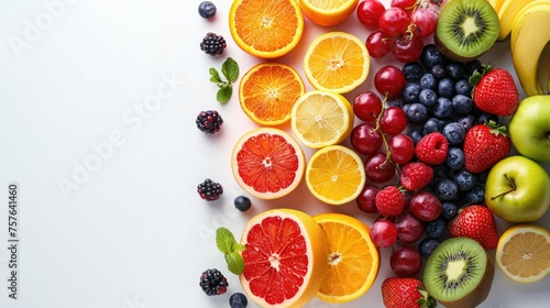 Assorted fresh fruits including oranges  kiwis  and berries arranged on a white background with copy space.