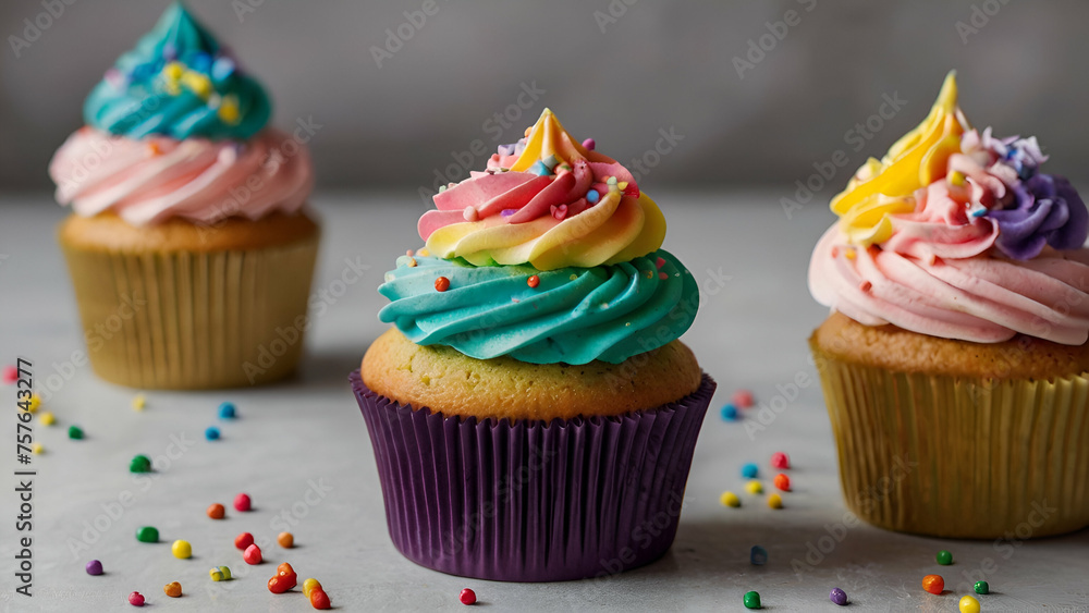 Delicious rainbow colored cupcake decorated with frosting and candy drops. generative.ai