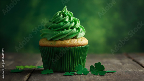 Decorated green cupcakes with cream and icing on blurred background. Food for holidays, birthday, weeding . St. Patrick's Day. Cafe, recipe, menu concept. Card, poster, banner. generative.ai