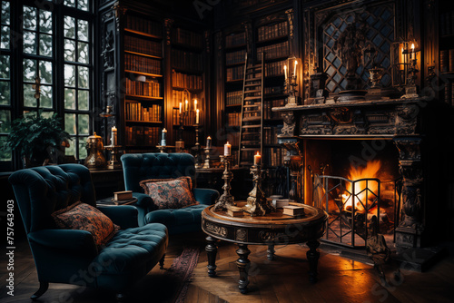 old book library with a fireplace