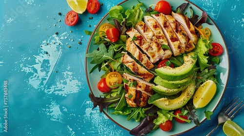 A refreshing summer salad with mixed greens, cherry tomatoes, avocado slices, and grilled chicken on a vibrant blue background.