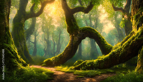 Leśny krajobraz, drzewa w mchu photo