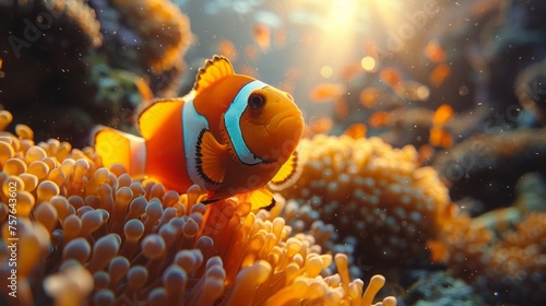 Detailed image of anemone fish swimming at the seabed