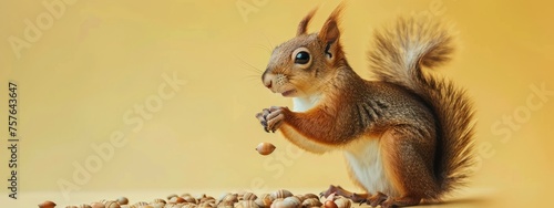 Squirrel Savoring a Nut on Warm Yellow Background 
