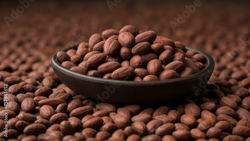 cocao fruit on top of raw cocao beans. generative.ai photo