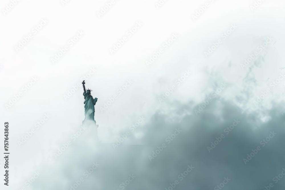 Inpirational statue of liberty united states of America in dramatic white background abstract professional photo, with clouds surrounding it, far way