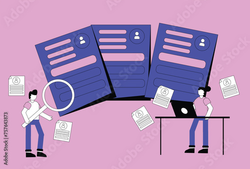 The concept illustration of a recruiter selecting curriculum vitae or resumes to hire the best candidates
