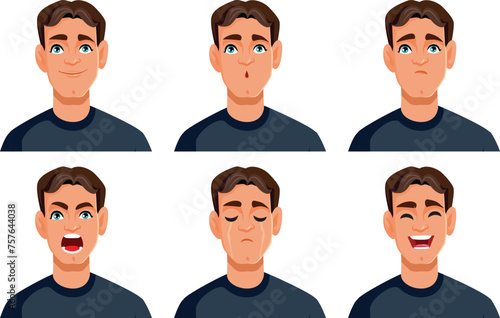 Set of Avatar Facial Expressions on a Male Character Vector Design. Different emotions portrayed by a handsome young guy 
