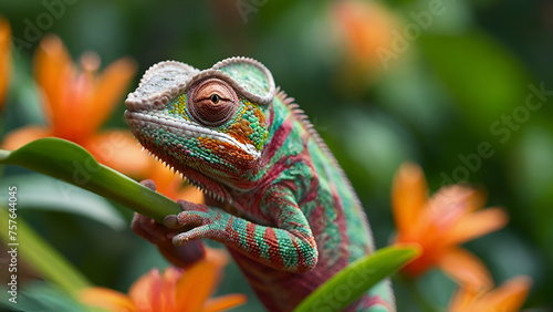 chameleon with flowers on background. generative.ai