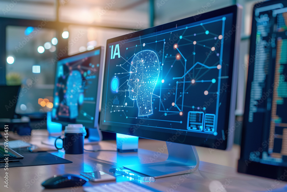 Fototapeta premium AI Analytics Technology on Multiple Monitors in Modern Office