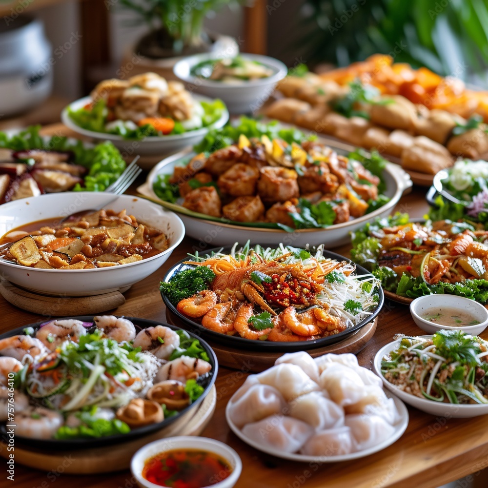 International cuisines spreads across a wooden table, showcasing an array of dishes from around the world, inviting a journey of flavors in every bite.




