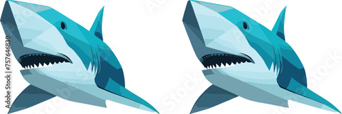 Great Shark Set Close up Shot. Ocean shark bottom view from below. Open toothy dangerous mouth with many teeth. Vector flat or cartoon illustration 
