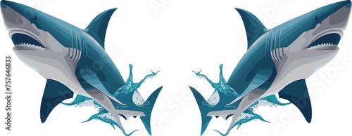 Great Shark Set Close up Shot. Ocean shark bottom view from below. Open toothy dangerous mouth with many teeth. Vector flat or cartoon illustration 
