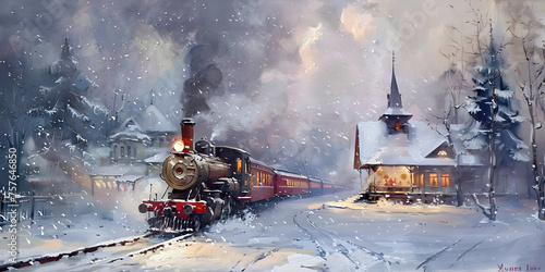  steam locomotive on the background of the winter landscape train wagon subway station post apocalypse landscape. photo