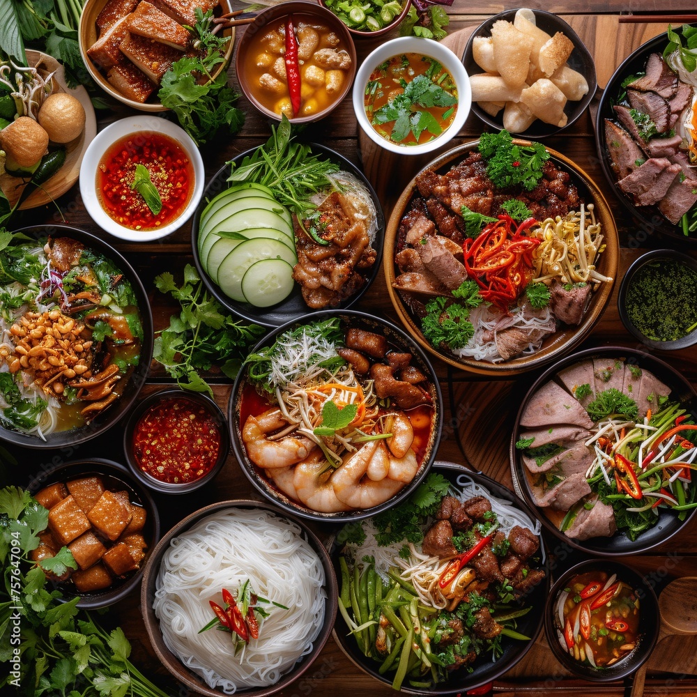 International cuisines spreads across a wooden table, showcasing an array of dishes from around the world, inviting a journey of flavors in every bite.




