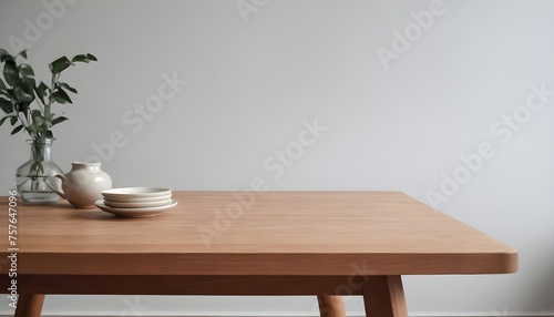 Minimal Scandinavian contemporary empty wooden table with sunlight. Simplistic Home office, Cafe, office and library 