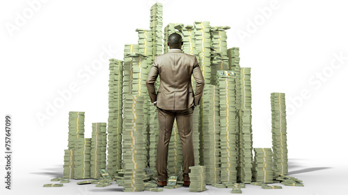 Rich African budinessman with hands in pocket standing and and facing huge stacks of US dollar notes. Business man looking at alot of piled bundles of money  isolated on transparent background photo
