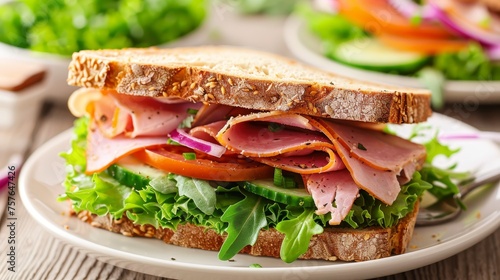 Savory triangle sandwich filled with ham, cheese, tomato, and accompanied by a fresh salad