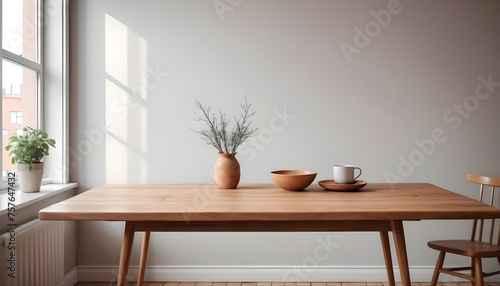 Minimal Scandinavian contemporary empty wooden table with sunlight. Simplistic Home office  Cafe  office and library 