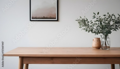 Minimal Scandinavian contemporary empty wooden table with sunlight. Simplistic Home office, Cafe, office and library  © Gia