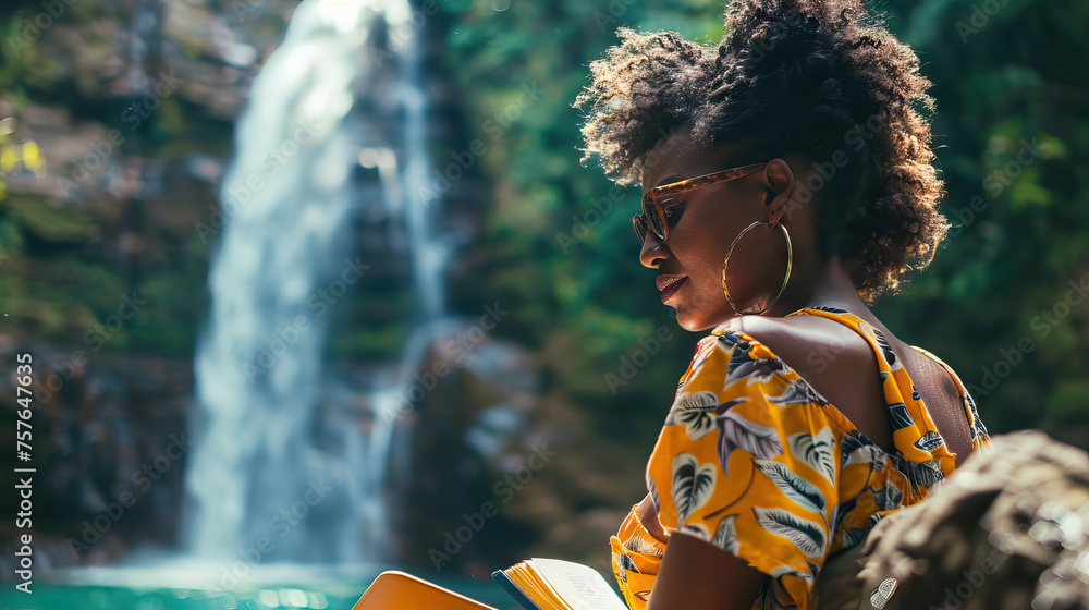Adventurous African American Woman Journaling Her Travels by a Waterfall. Concept of Adventure, Reflection, and Nature. - obrazy, fototapety, plakaty 