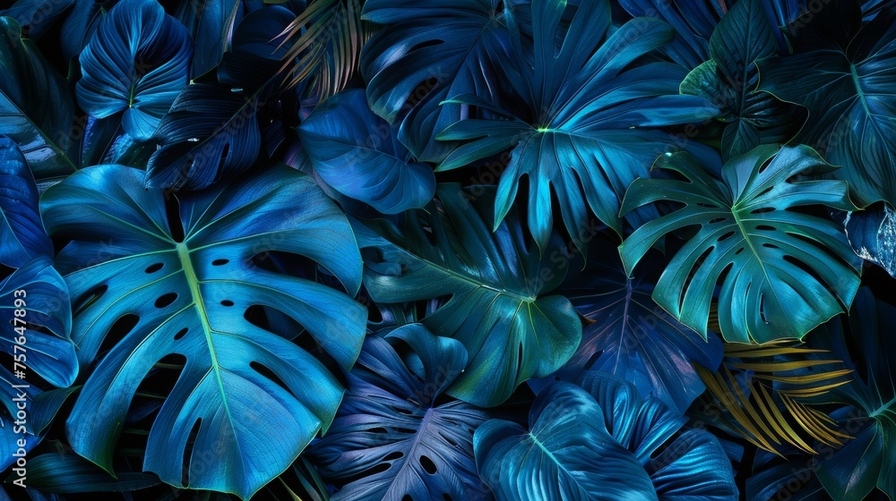 Tropical Leaves Illuminated with Blue and Green color, 16:9 Tropical Leaves Illuminated with Blue and Green color, 16:9