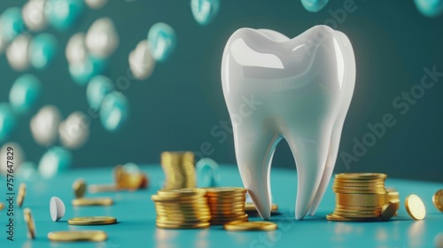 Tooth with coins on blue background, concept: Expensive dental treatment, copy space, 16:9