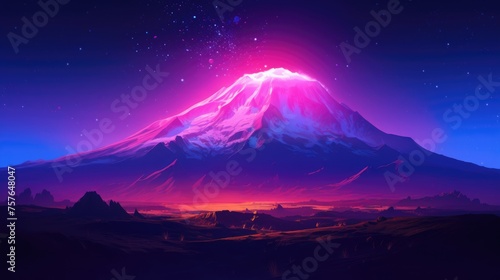 Enchanting Landscape of Fuji Mountain in Japan with Pink neon Sky and Snowy Peaks photo