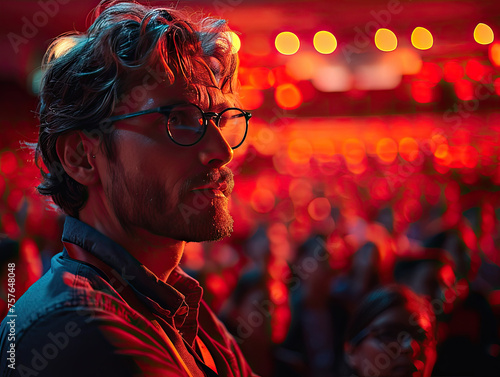 A person stands anonymously in a crowd with bright red ambient lighting, creating a lively concert atmosphere photo