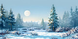 winter snow, snowfall and snowdrifts empty background a wooded area at sunrise dawn in the rays of the sun. Christmas tree landscape. 3d illustration.
