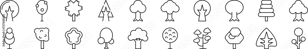 Set of thin line icons of various trees. Editable stroke. Simple linear illustration for web sites, newspapers, articles book