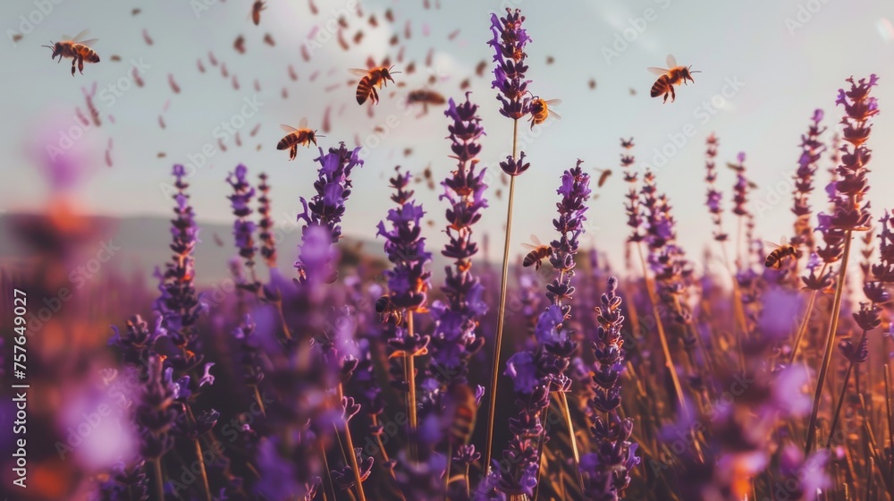 Purple Lavender Blossoms with Bees in Countryside.
