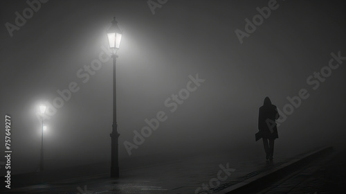 Foggy Night  Street Lamp Illuminating a Figure in the Mist  Creating a Haunting Atmosphere of Uncertainty and Obscurity  Perfect for a Film Noir Setting