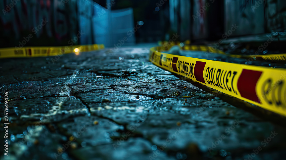 Murder Mystery: Crime Scene with Chalk Outline and Police Tape, Capturing the Aftermath of a Tragic Event, Prompting Viewers to Piece Together the Puzzle. - obrazy, fototapety, plakaty 