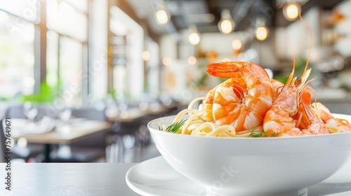 Delicious pasta with seafood on blurred restaurant background, copy space for text placement