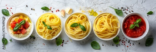 Assorted appetizing spaghetti dishes with various pasta types and sauces on bright white background
