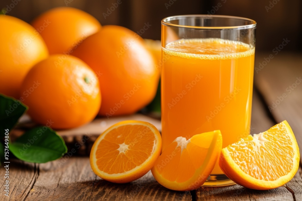 Glass of orange juice with oranges on wooden table. Glass of orange juice with oranges on wooden table.
