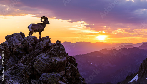 A bighorn sheep stands on a rocky mountain peak against the backdrop of a vibrant sunset