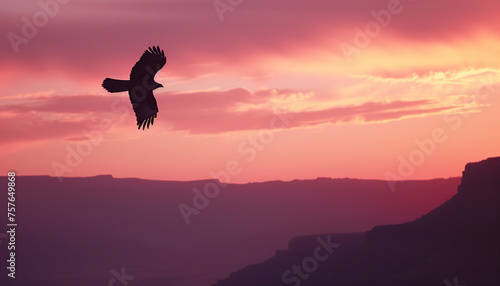 An eagle is silhouetted against the warm hues of a sunset sky, soaring over a deep canyon