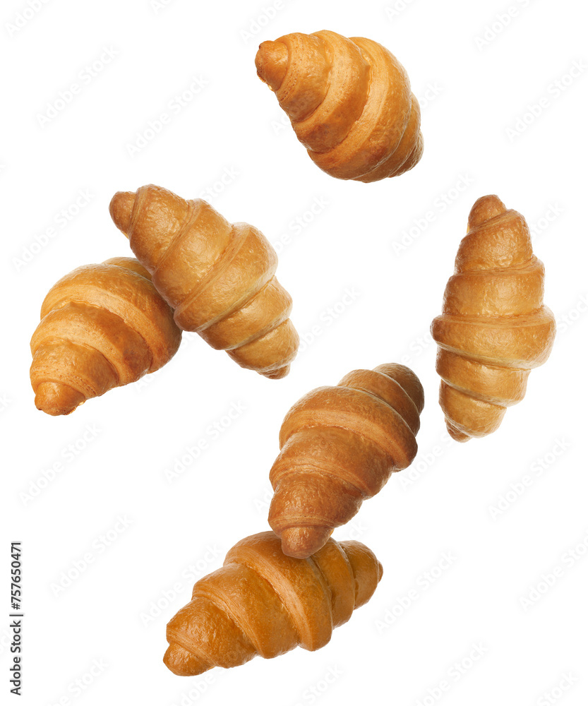 Puff pastry. Fresh croissants falling on white background
