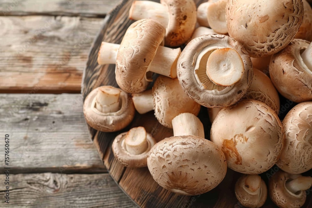 Champignon mushrooms on a wooden board Champignon mushrooms on a wooden board