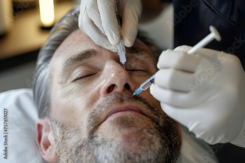 男性が顔のスキンケアメンテナンスを医療で受ける。ボトックスや注射をして、シワ防止をしている