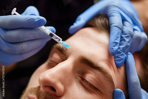 男性が顔のスキンケアメンテナンスを医療で受ける。ボトックスや注射をして、シワ防止をしている