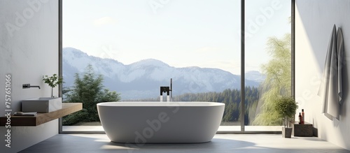 A luxurious bathroom features a bathtub overlooking mountains through a large window. The sky, water, and trees outside create a serene atmosphere photo