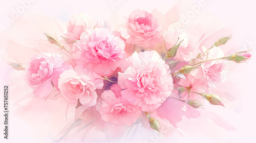 淡いピンクのカーネーションの花束の水彩イラスト背景