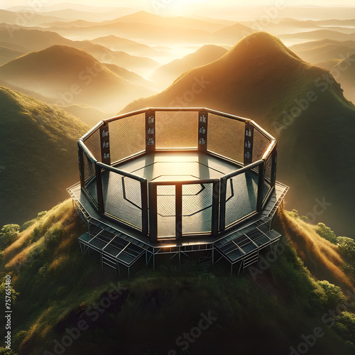 mma octagon cage on top of a mountain, cliff, hills, mixed martial arts photo
